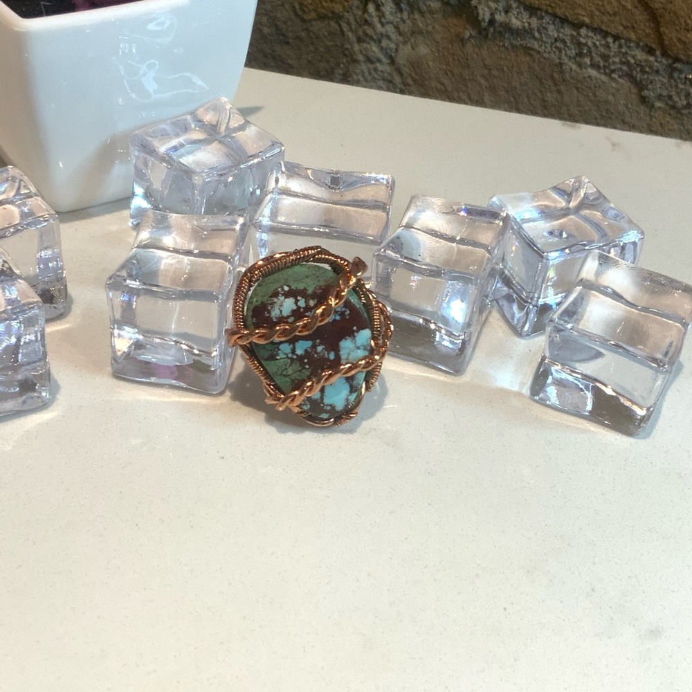 Copper Wire Wrapped Lander Turquoise Ring - image 6